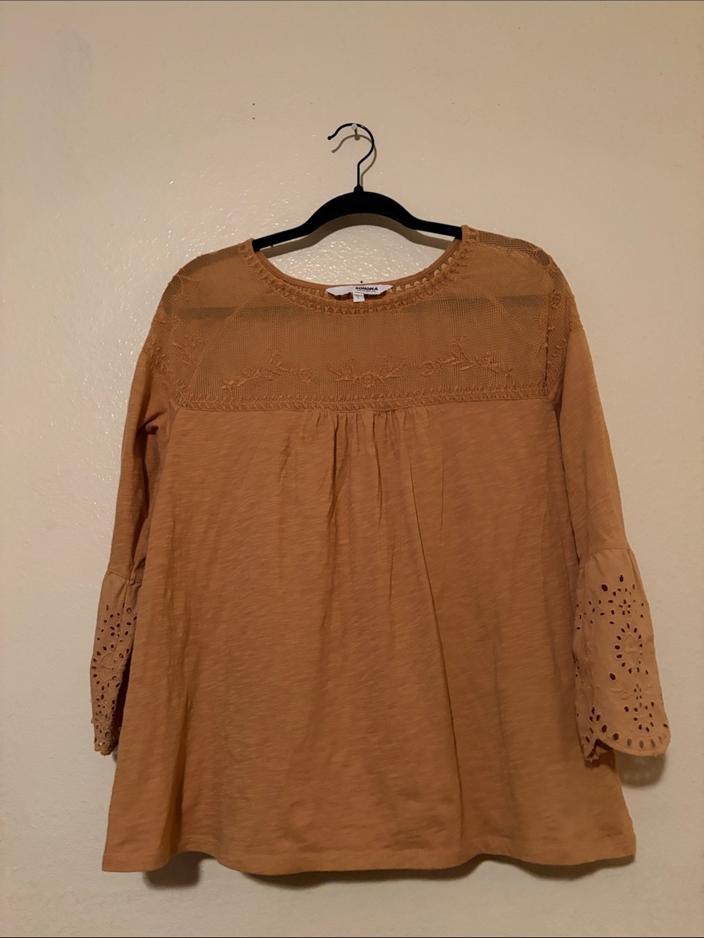 Sonoma Tan Eyelet Bell Sleeve Tunic Top
